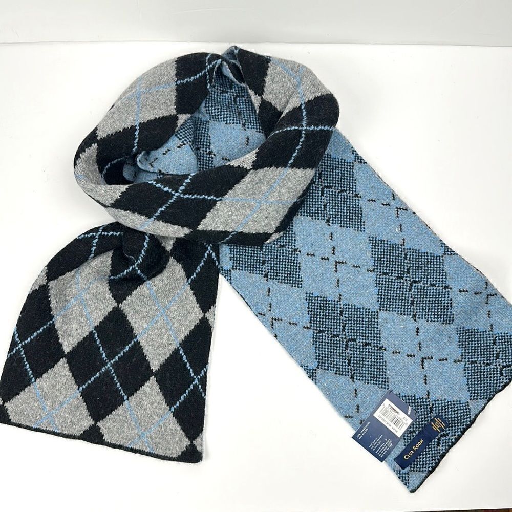 NWT Club Room Wool Blend Blue Gray Argyle Long Chunky Scarf Men’s Women’s